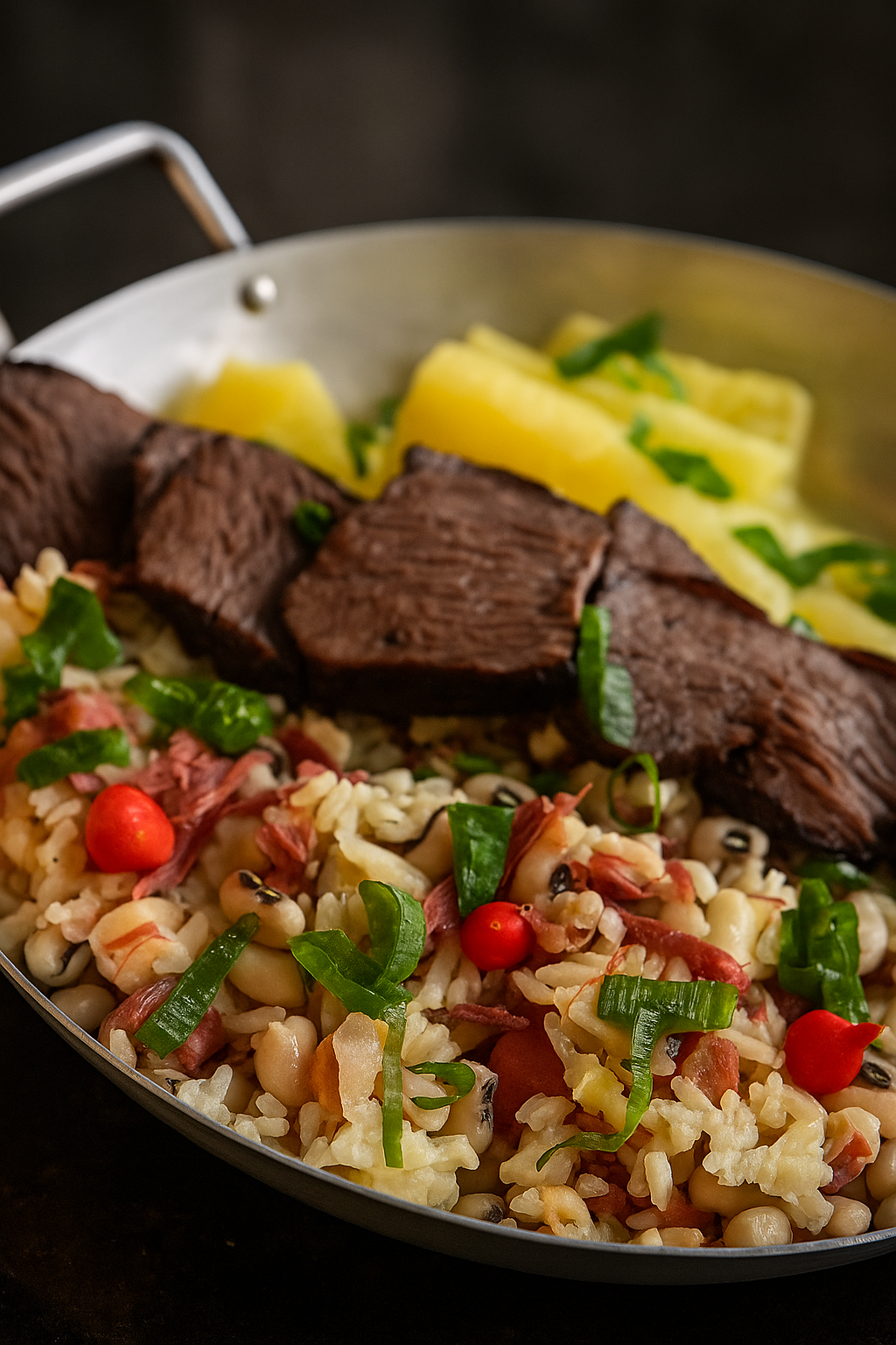 Trio Nordestino com carne de sol, Baião à Moda do Cheff e mandioca